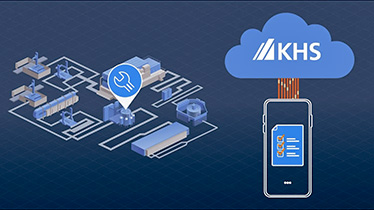 Grafische Darstellung einer Produktionsanlage, die mit einer mobilen App und einer Cloud-Lösung von KHS verbunden ist.