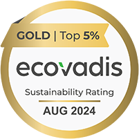Das Bild zeigt ein goldfarbenes Abzeichen mit der Aufschrift EcoVadis 2024, welches eine Auszeichnung für nachhaltige Geschäftspraktiken darstellt.
