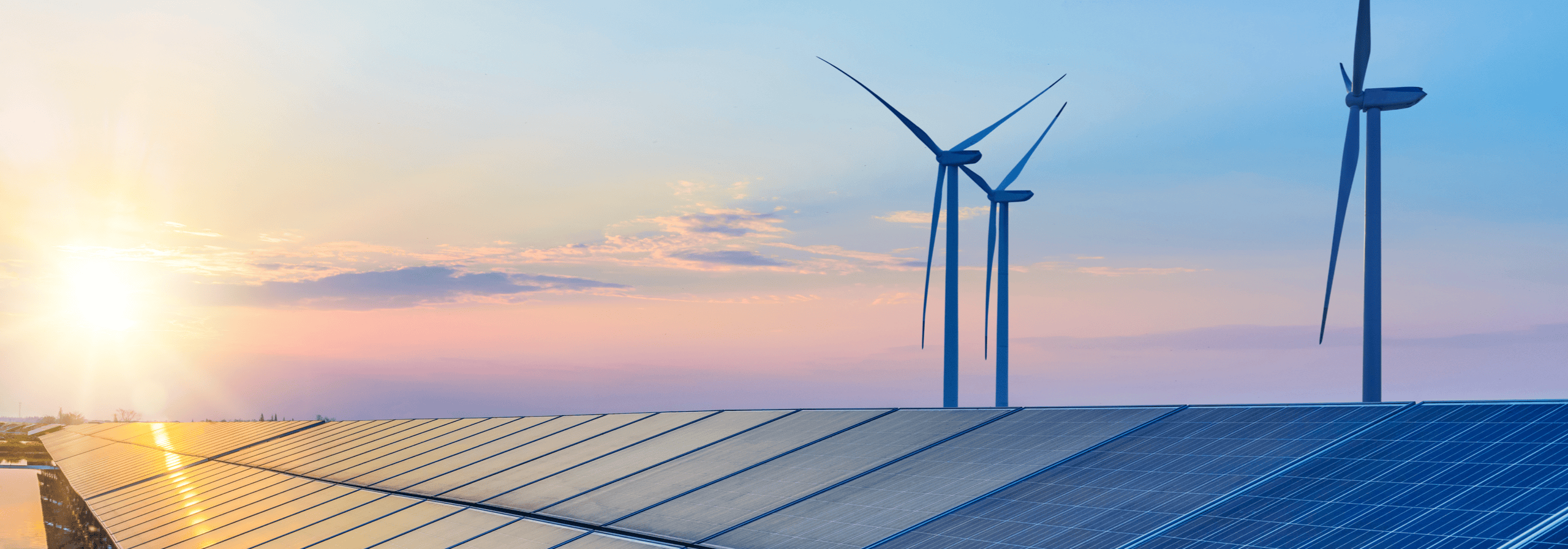 Das Bild zeigt ein Feld mit Solarpaneelen im Vordergrund und mehreren Windkraftanlagen im Hintergrund, während die Sonne am Horizont untergeht, was nachhaltige Energieerzeugung symbolisiert.